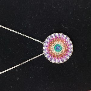 Sterling Silver CZ Diamonds Colorful Large Circle Necklace